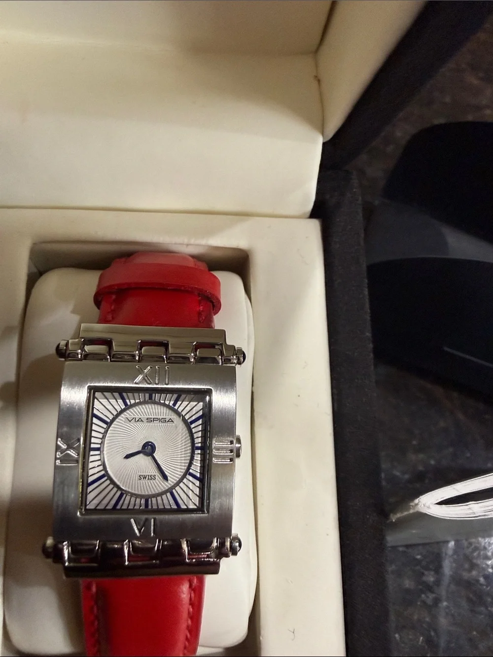 Via Spiga Red Leather Strap Silver-Tone Square Watch - Picture 3 of 6